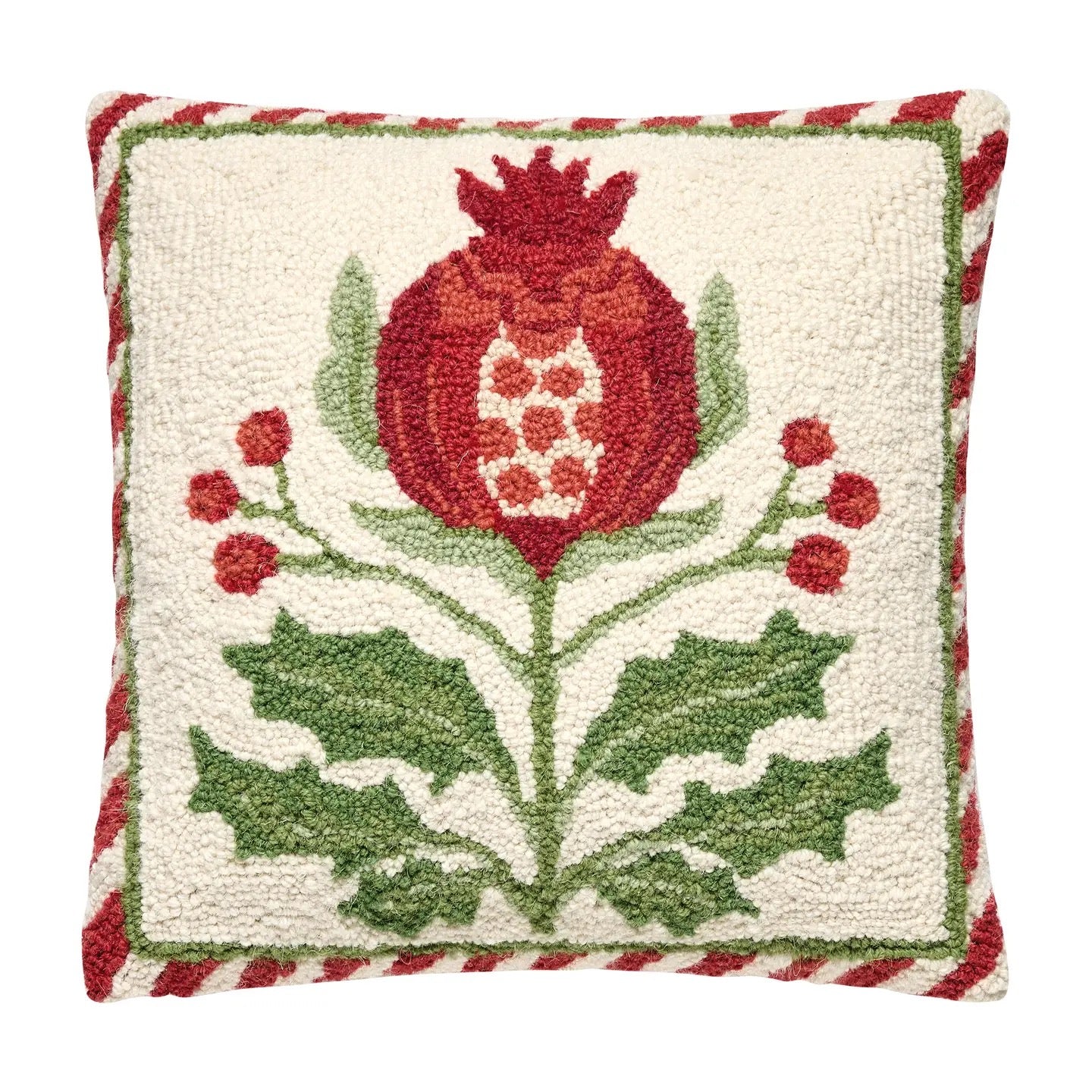 Decorative pillow with a red pomegranate design on a white background