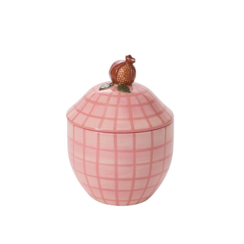 Pink checkered jar with a rooster on top against a white background