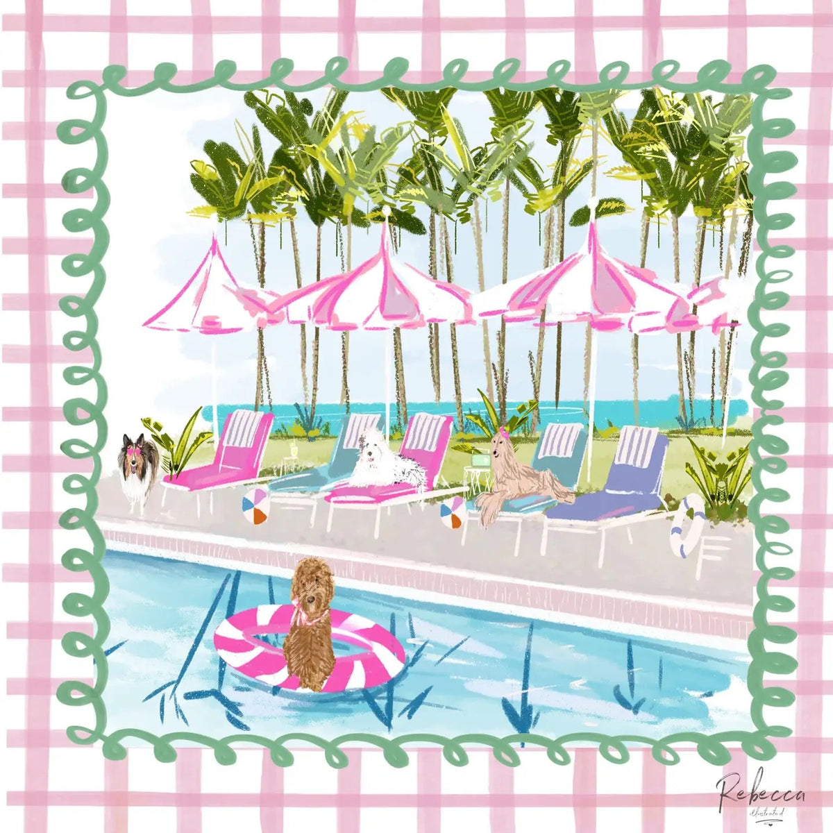 Illustration of a poolside scene with palm trees, lounge chairs, and dogs on a pink checkered background.