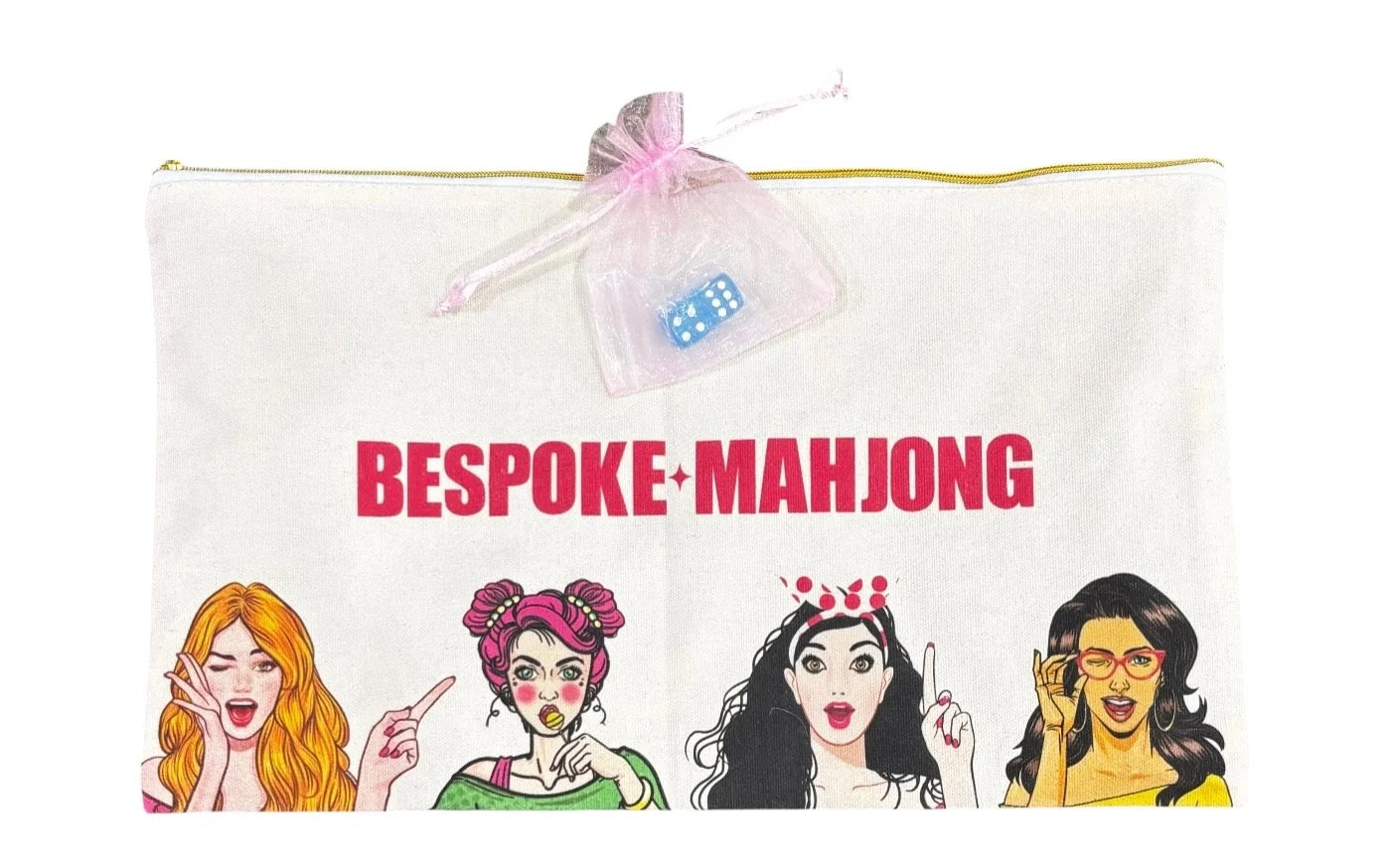 Bespoke Mahjong game set with illustrated characters on a white background
