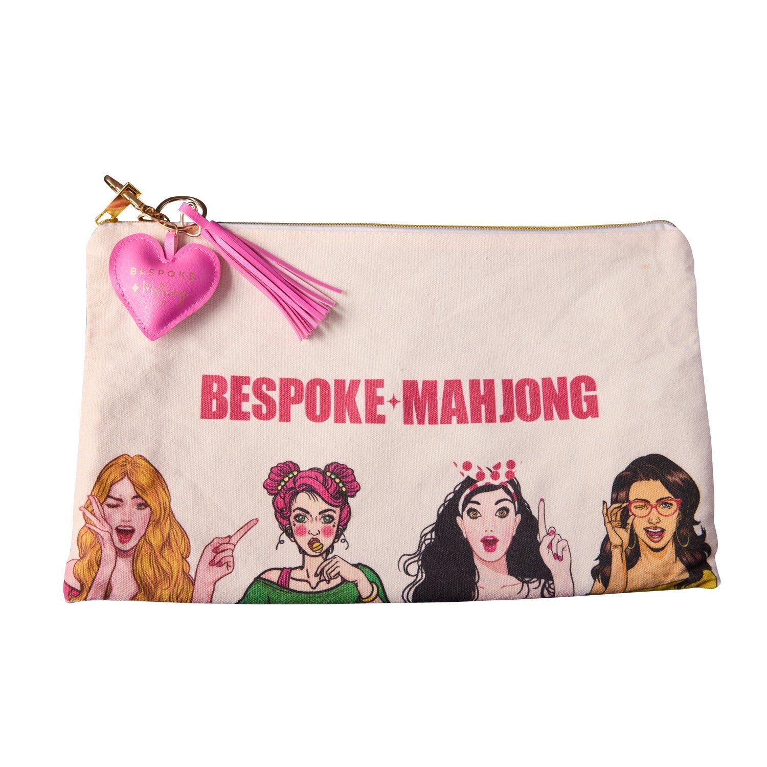 A rectangular beige fabric pouch with a gold zipper, featuring a pink heart-shaped tassel charm, the text 'BESPOKE+MAHJONG' in pink, and cartoon illustrations of four women at the bottom.