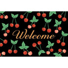Welcome mat with cherry design on a black background