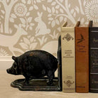 Decorative black pig bookend with books on a surface against a patterned wall.