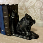 Black cast iron pig-shaped bookend on a surface with books in the background.