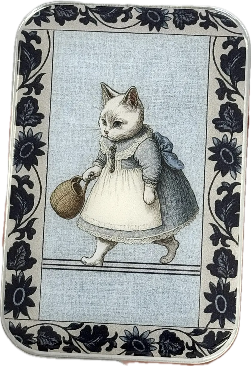 Decorative tin with a cat in a dress holding a basket, surrounded by floral patterns.