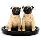 Two ceramic pug figurines sitting side by side on a round black dish, photographed against a plain white background.