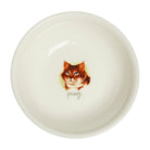 An off-white ceramic bowl featuring a printed illustration of a fluffy orange tabby cat with blue eyes and the word 'pussy' written in cursive below it, set against a plain white background.