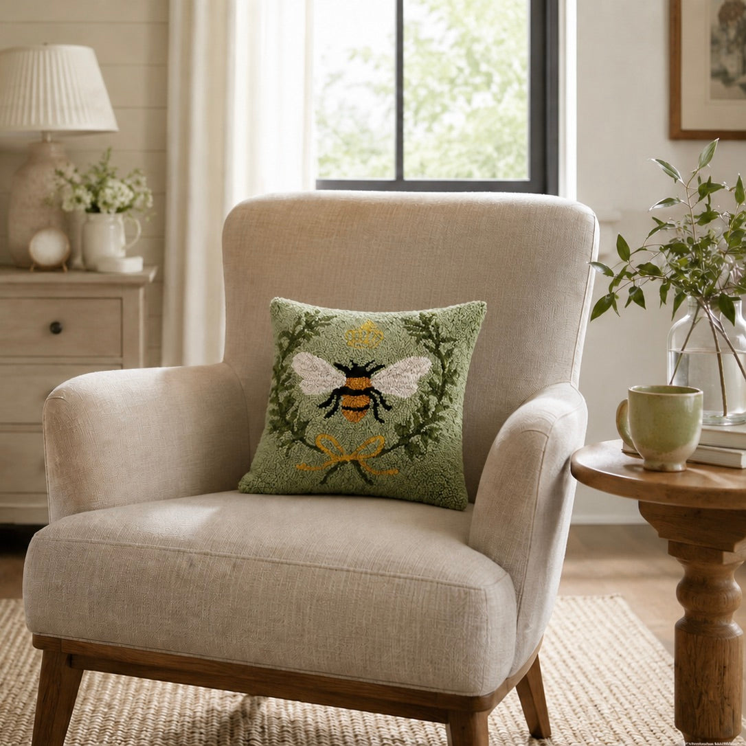 Queen Bee Wool Hooked Pillow