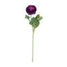 Purple artificial flower with green leaves on a white background