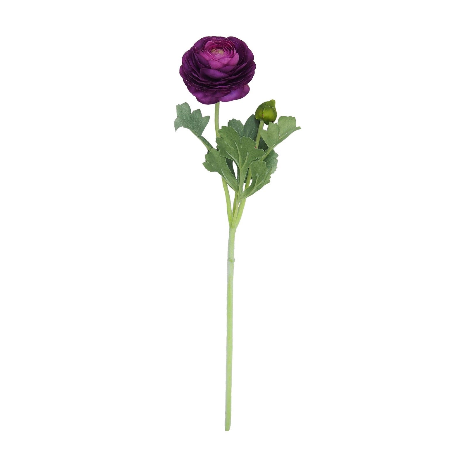 Purple artificial flower with green leaves on a white background