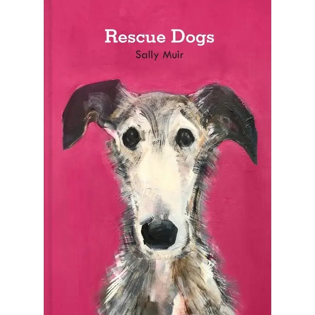 Book cover of 'Rescue Dogs' by Sally Muir with a dog illustration on a pink background