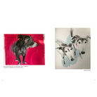 Two square art prints shown side by side on a white background. The left print features a black dog painted in a loose, expressive style against a vivid red background, with a short caption underneath.