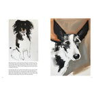 A two-page spread from a book or magazine showing illustrated dog portraits and accompanying text. The left page has a black-and-white sketch of a dog with caption text below, and the right page shows a larger painted portrait of a black-and-white dog with tan and brown brushstrokes.