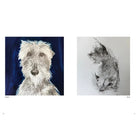 Two square art prints shown side by side on a white background. The left print is a textured portrait of a dog painted in white and gray against a deep blue background, with the name 'Chihuahua' at the bottom.