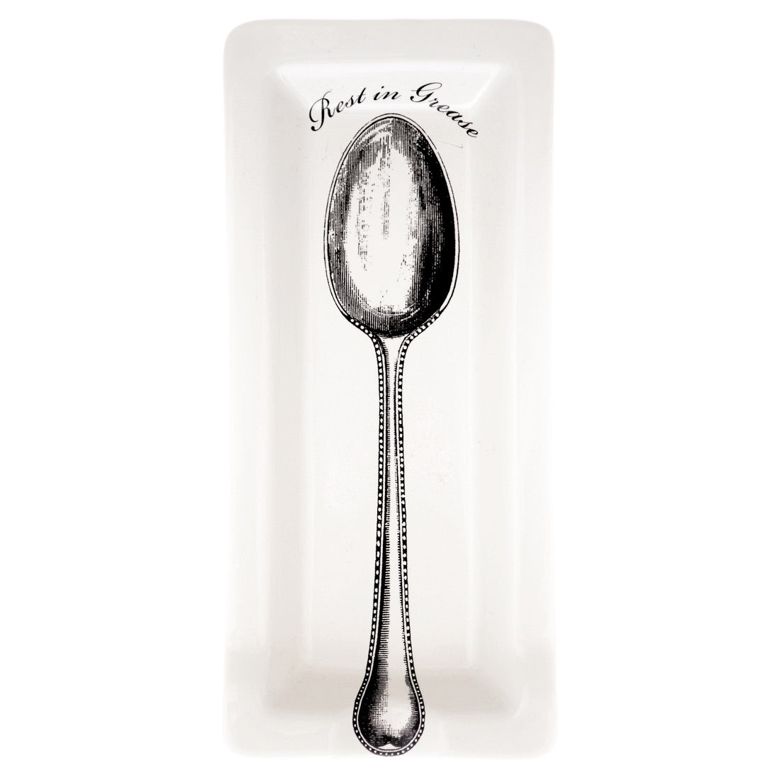Silver spoon on a white card with 'Rest in Peace' text