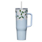 Light blue mug with floral design and handle on a white background