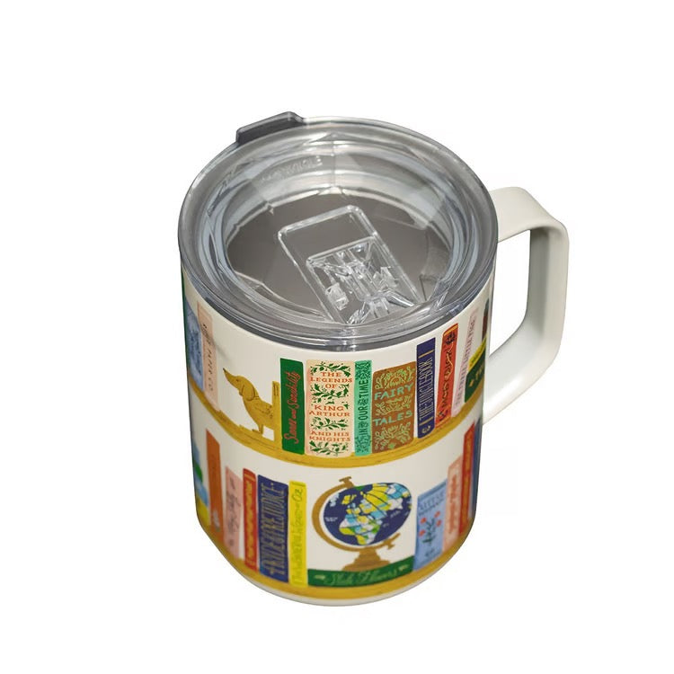 Travel mug with colorful design on a white background