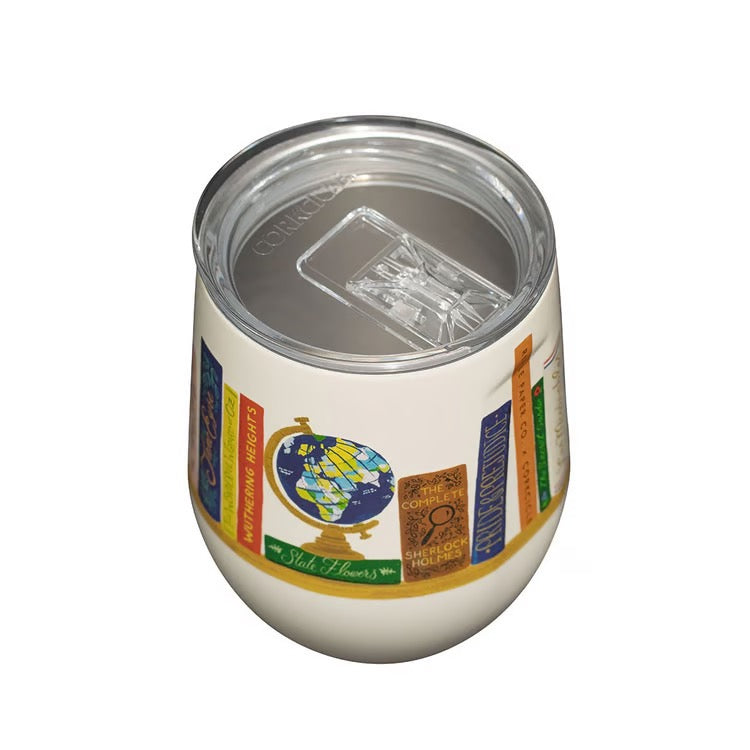 A white insulated stemless wine tumbler with a clear lid and ice, featuring a colorful Harry Potter themed graphic with the Hogwarts crest and book spines.