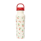 White water bottle with red cherry pattern and red lid on a white background