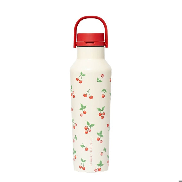 White water bottle with red cherry pattern and red lid on a white background