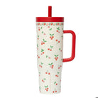 Tumbler with cherry pattern and red handle on a white background