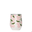 Stemless wine glass with floral pattern on a white background