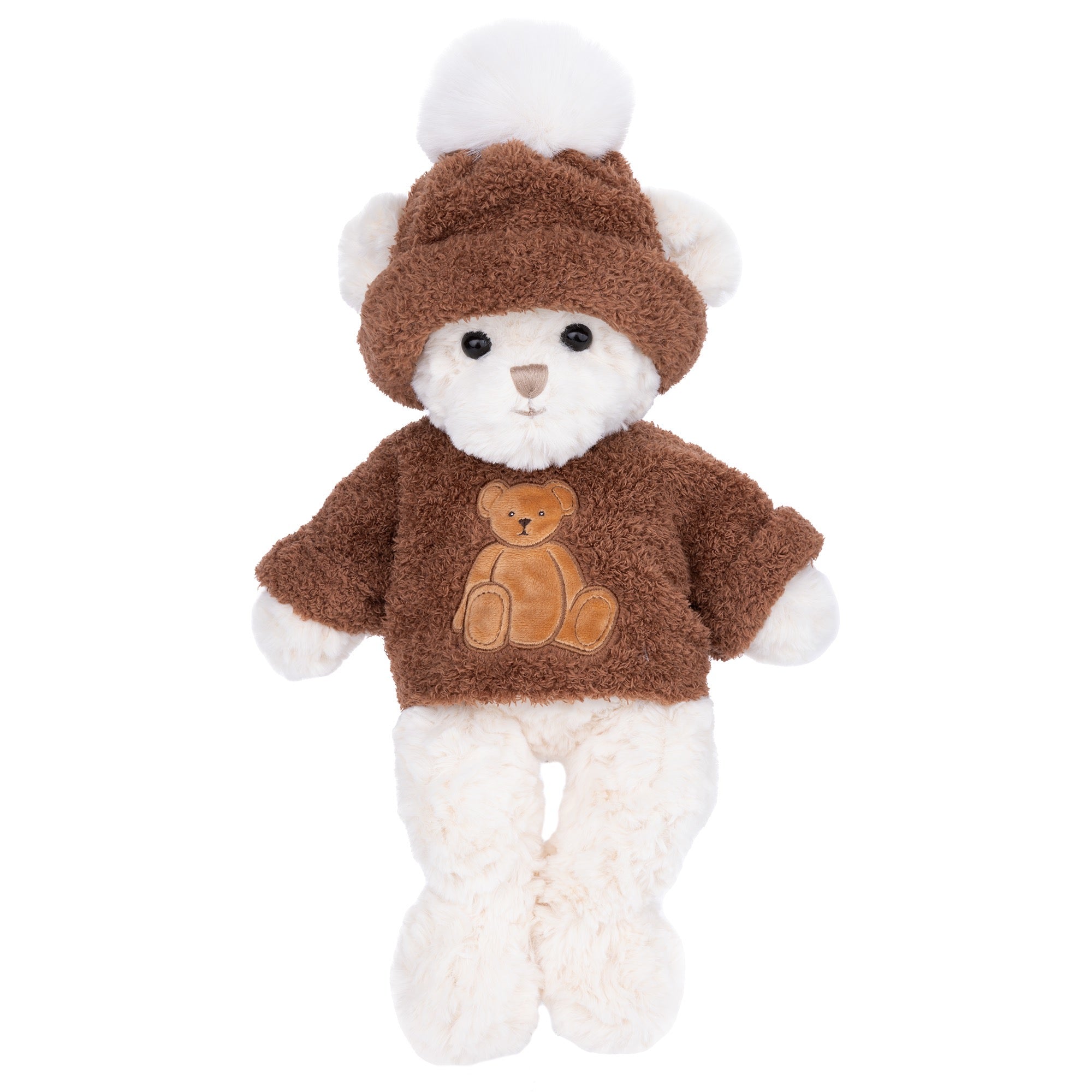Plush teddy bear wearing a brown sweater with a teddy bear design and a matching hat on a white background