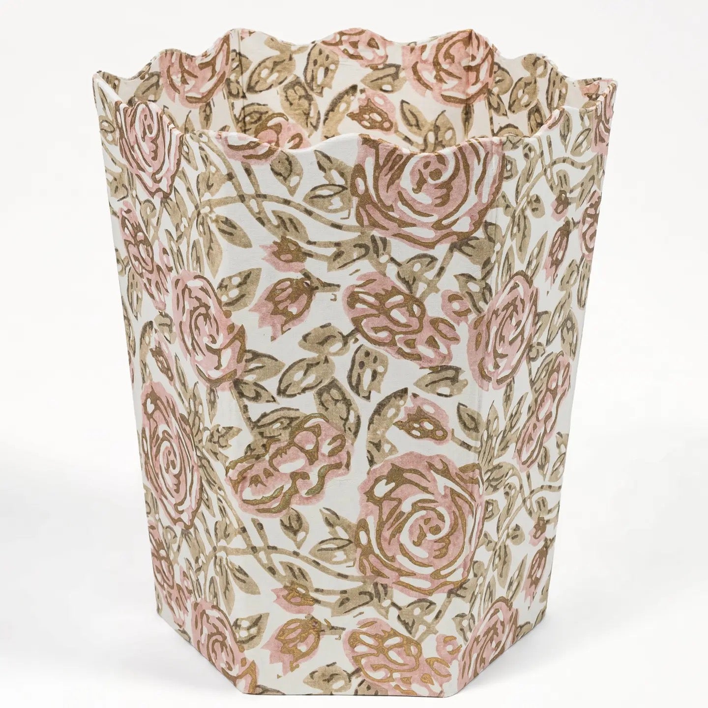 Floral-patterned waste bin with pink and brown roses on a white background