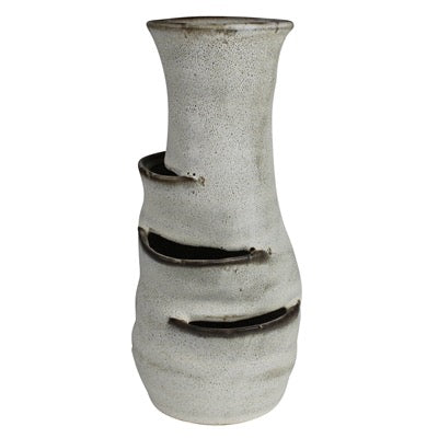 A handmade ceramic vase with a textured, speckled off-white glaze and dark brown glazed accents along three horizontal ridges, set against a plain white background.