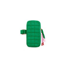 Green quilted phone case with colorful tassels on a white background