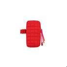 Red quilted phone case with a strap on a white background
