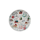 Round plate with Christmas-themed design featuring the North Pole and Santa's workshop on a white background.