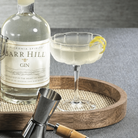 Barr Hill Gin bottle beside a coupe glass filled with pale gin and a lemon twist, arranged on a round wooden tray with a jigger in the foreground on a gray surface.