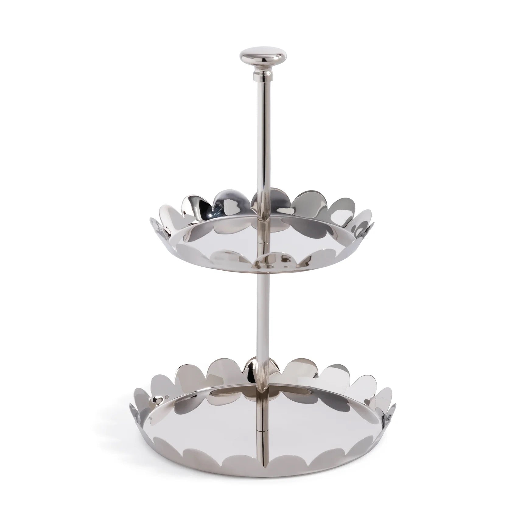 Two-tiered metal stand with decorative edge on a white background