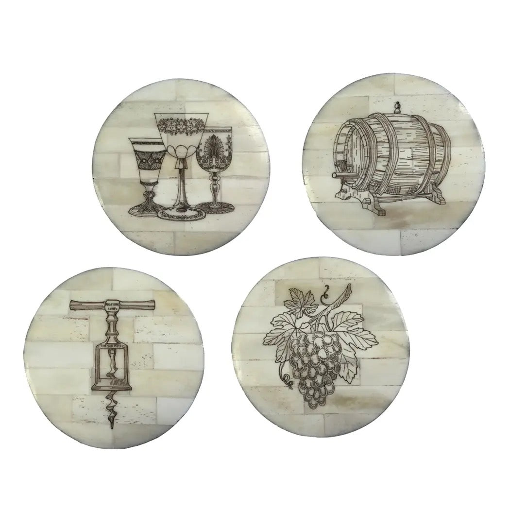 Four round coasters with vintage wine-themed designs on a white background
