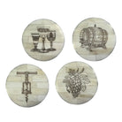 Four round coasters with vintage wine-themed designs on a white background