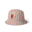 Striped bucket hat with a red lobster emblem on a white background