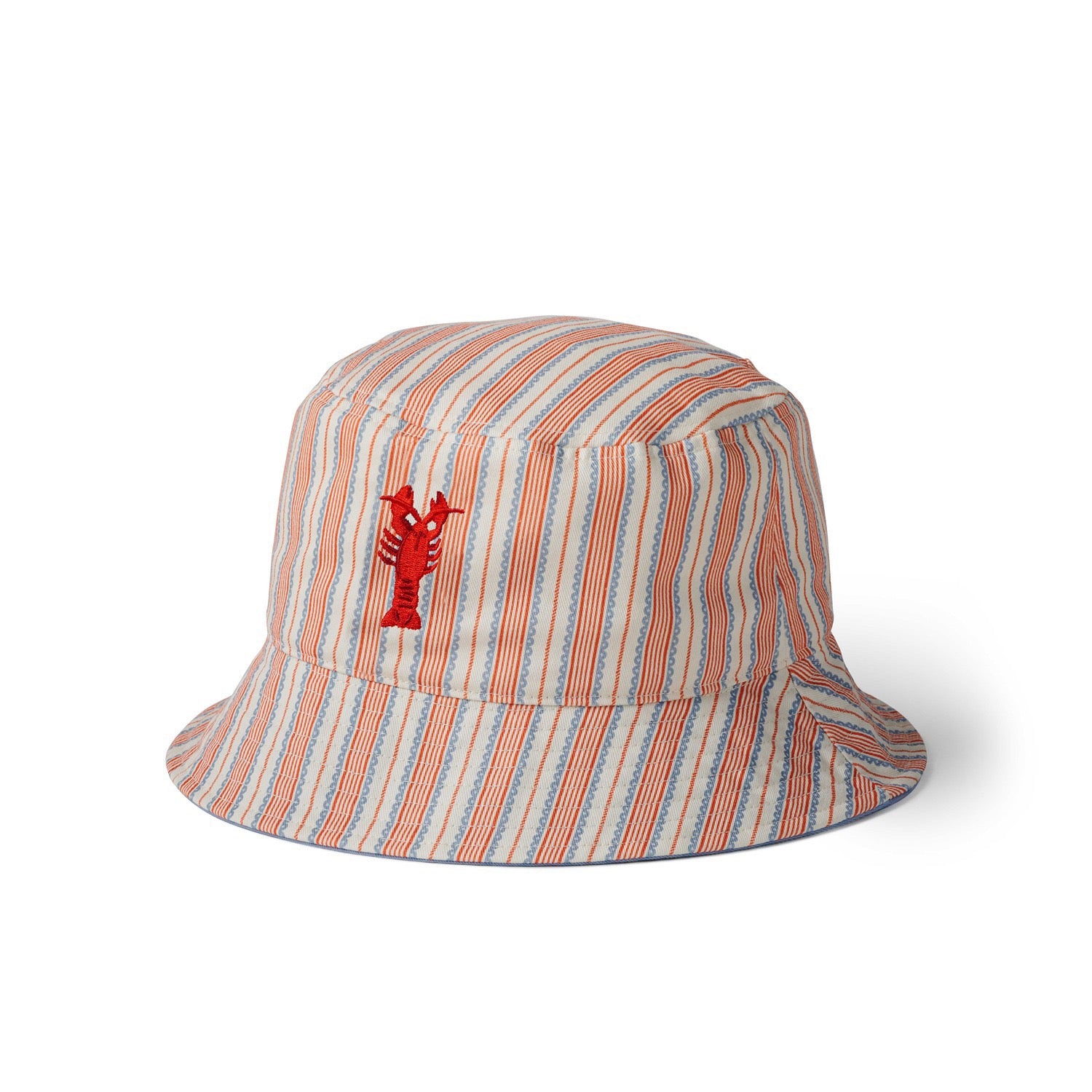 Striped bucket hat with a red lobster emblem on a white background