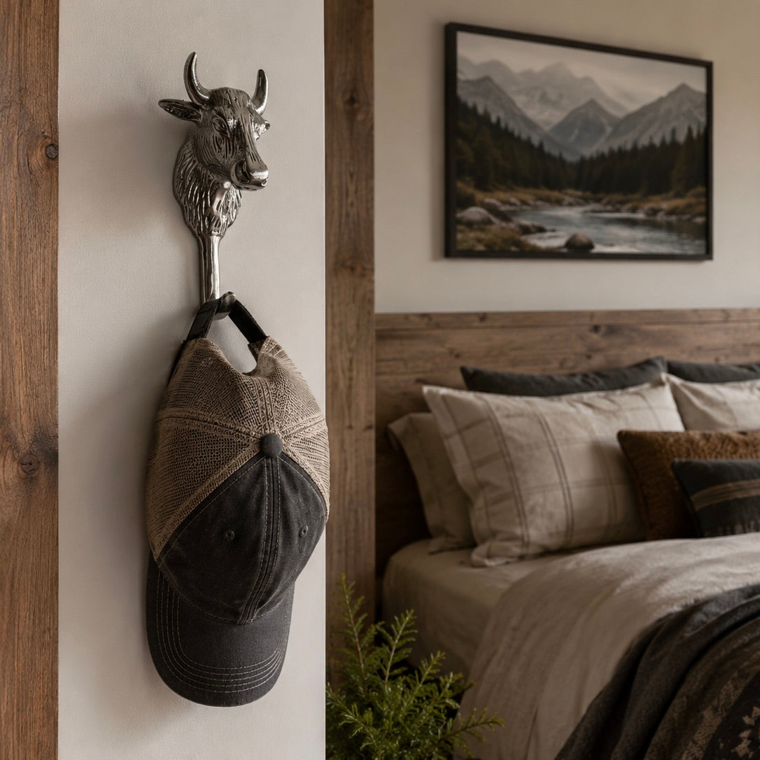 A silver metal wall hook shaped like a bull's head hangs on a white wall in a rustic bedroom setting, holding a beige and black baseball cap. A wooden bed frame, neutral bedding, and a framed mountain landscape print are visible in the background.