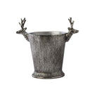 Decorative metal ice bucket with deer head handles on a white background