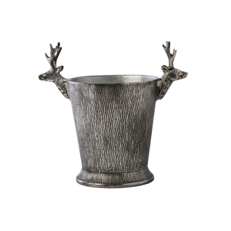 Decorative metal ice bucket with deer head handles on a white background