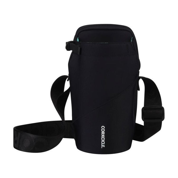 Black Corkcicle water bottle holder with strap on a white background