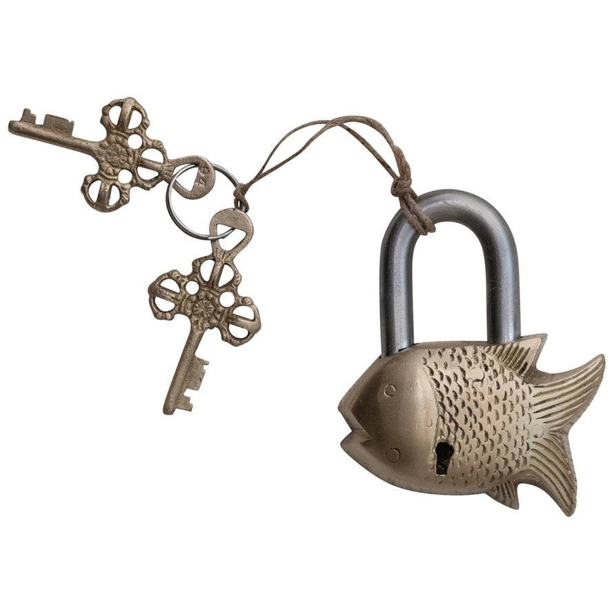 Bronze fish-shaped padlock with two keys on a white background