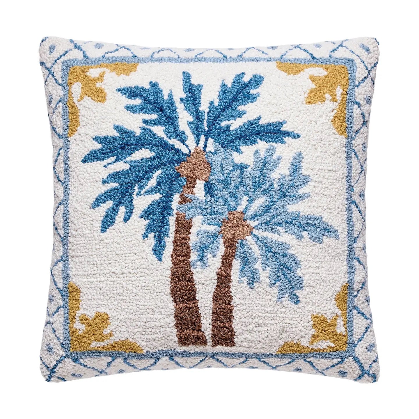 A square throw pillow featuring a hand-tufted design of two palm trees. The design has a white textured background with blue palm fronds, brown trunks, and a blue and gold geometric border.