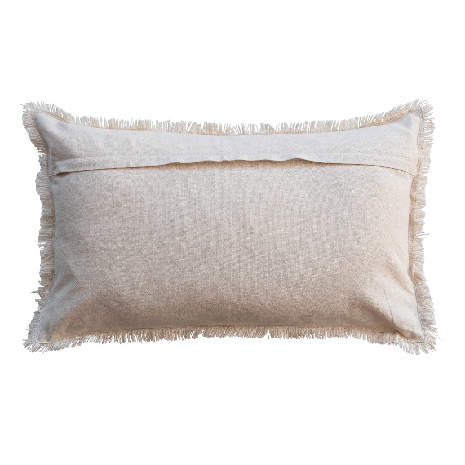 Beige pillow with frayed edges on a white background