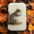 Small tin box with a squirrel illustration on a bed of autumn leaves