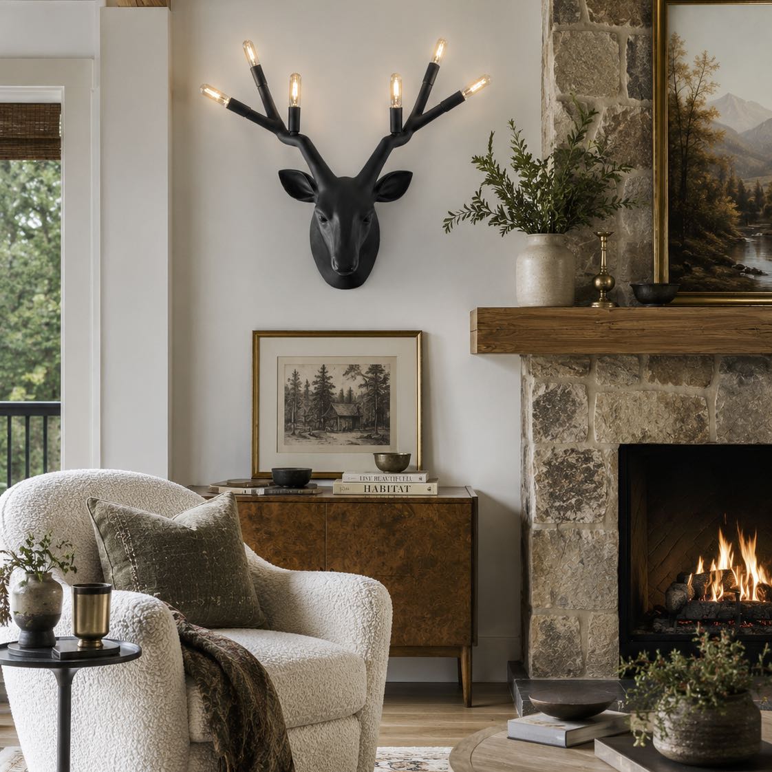 Cozy living room with fireplace, armchair, and decorative wall sconce.