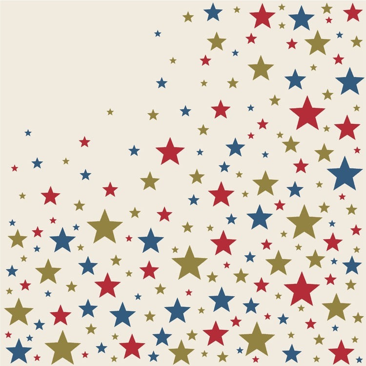 Pattern of red, blue, and gold stars on a beige background