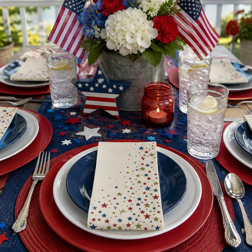 Dining table set for a patriotic theme with red, white, and blue decorations.