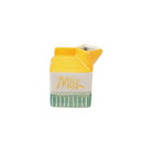 Ceramic milk carton-shaped container with yellow top and green bottom on a white background